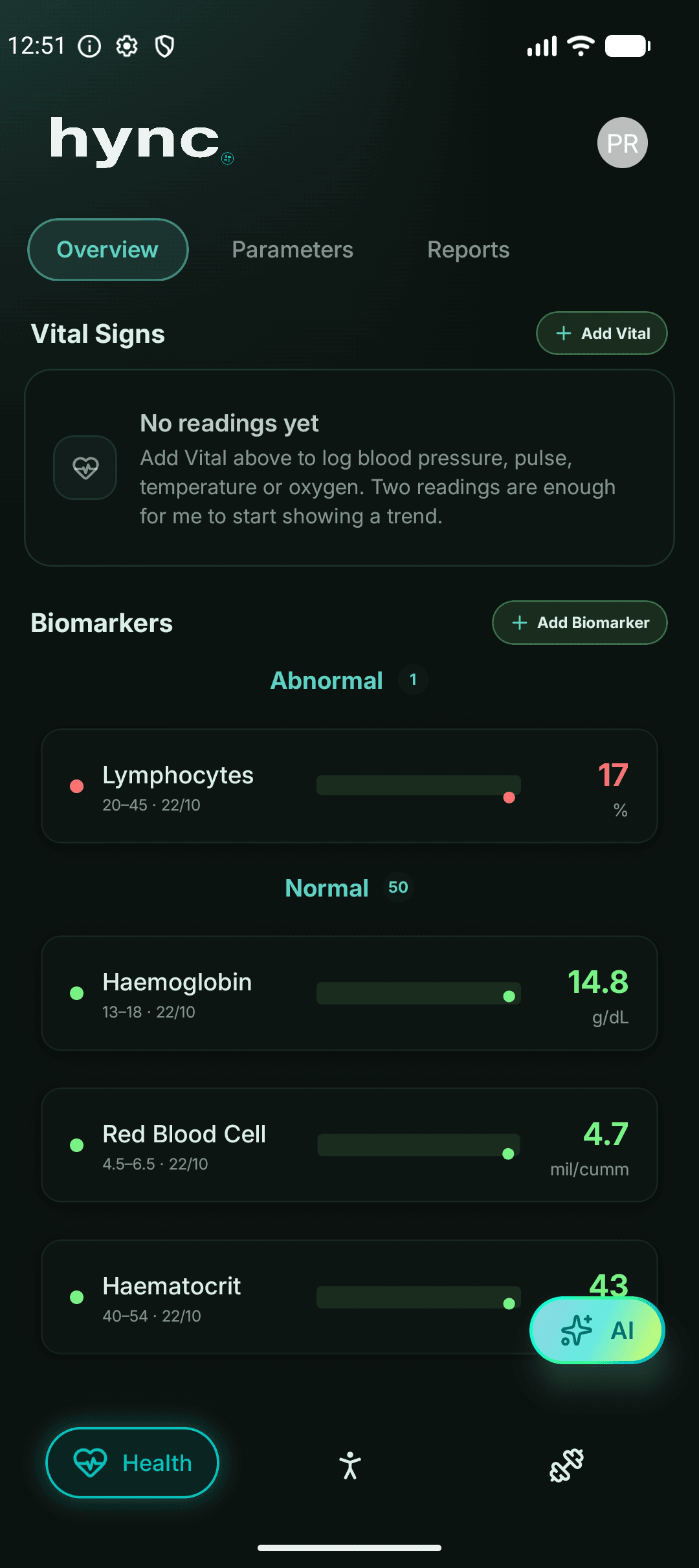 Hync Health overview with vital signs and biomarker readings