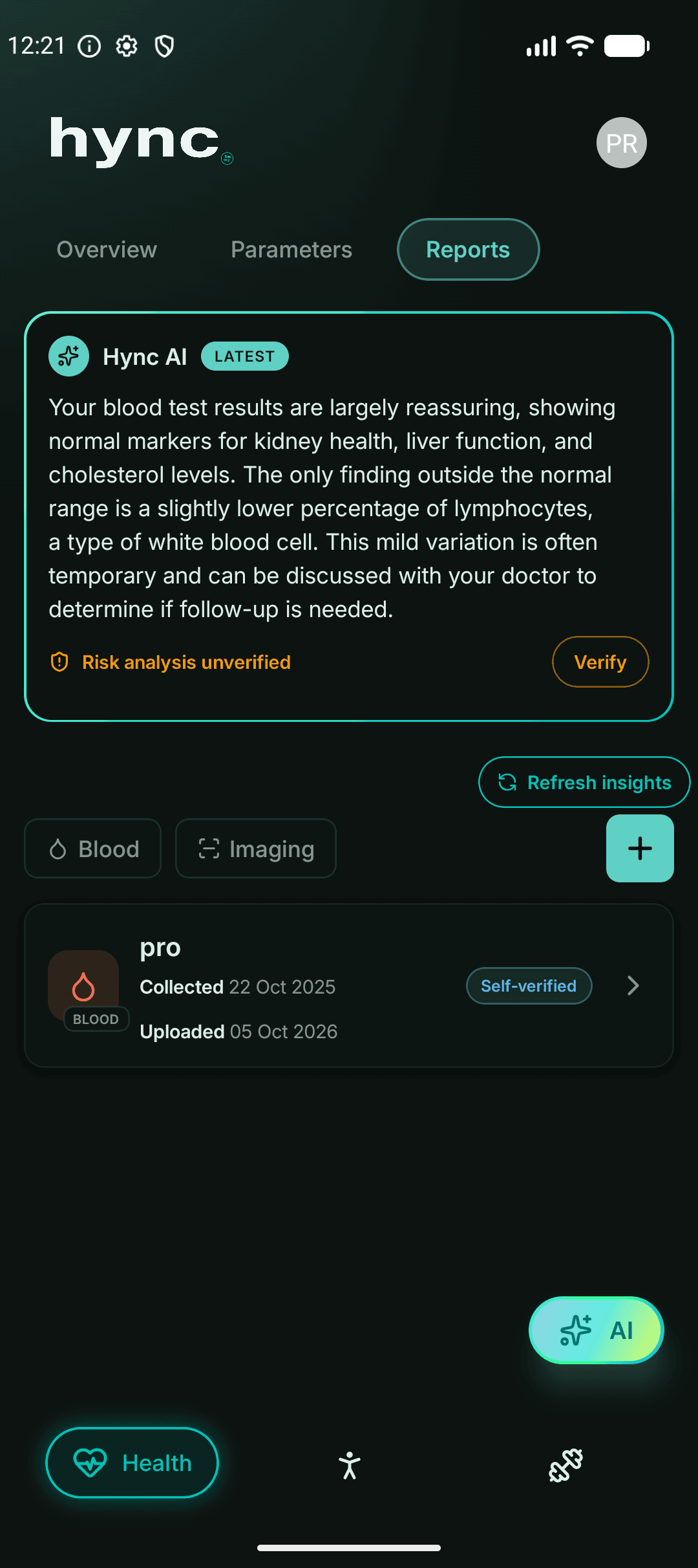 Hync AI summary of a health report
